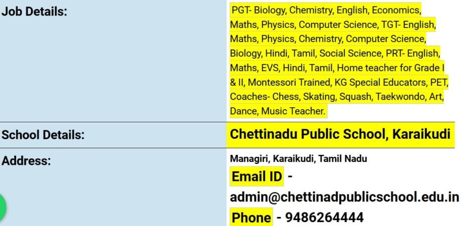 Teacher Job in Chettinadu Public School, Karaikudi, Tamil Nadu