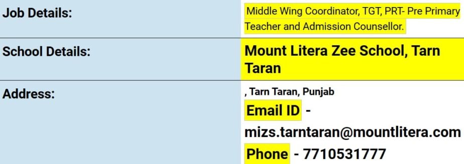 Teacher Job in Mount Litera Zee School, Tarn Taran, Punjab