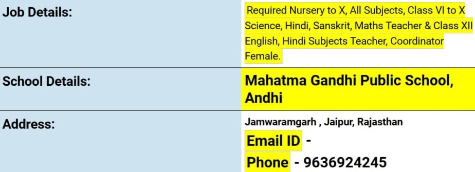 Teacher Job in Mahatma Gandhi Public School, Jaipur, Rajasthan