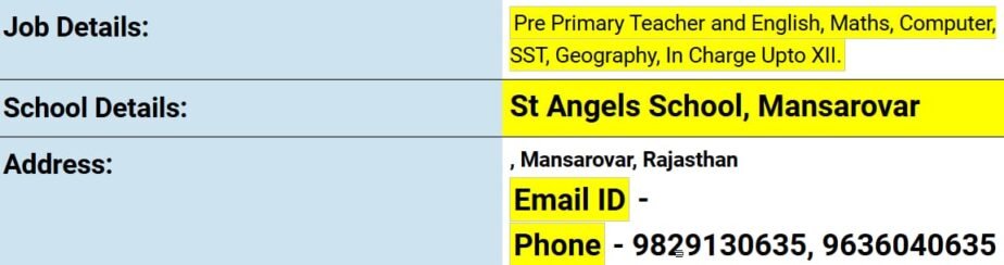 Teacher Job in St. Angels School, Jaipur, Rajasthan