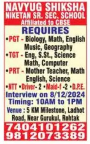 Teacher Job in Navyug Shiksha Niketan Sr. Sec. School, Rohtak, Haryana