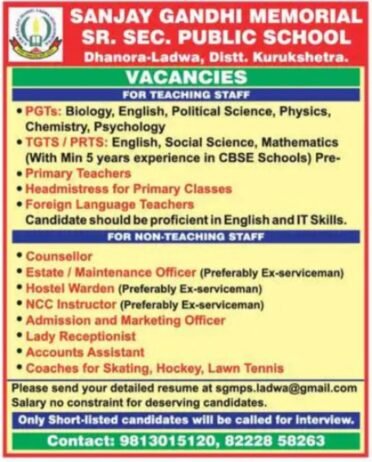 Teacher Job in Sanjay Gandhi Memorial Sr. Sec. Public School, Kurukshetra, Haryana