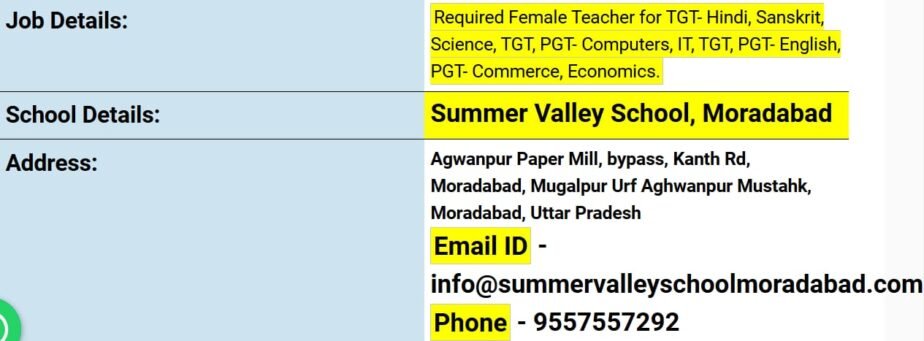 Teacher Job in Summer Valley School, Moradabad, Uttar Pradesh