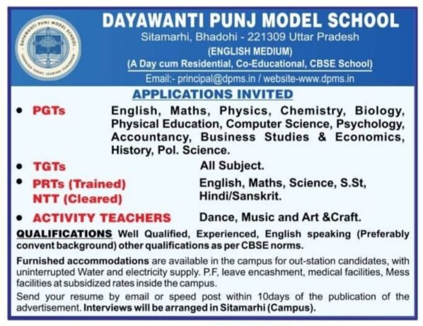 Exciting Teacher Vacancies at Dayawanti Punj Model School, Bhadohi, Uttar Pradesh