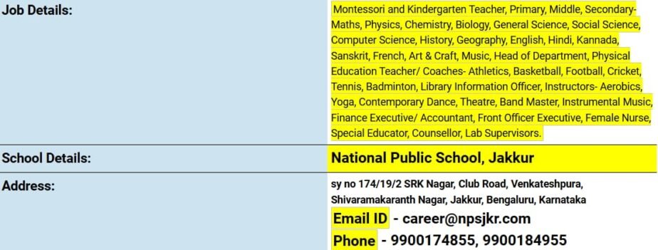 Teaching Opportunities at National Public School, Jakkur, Bengaluru, Karnataka