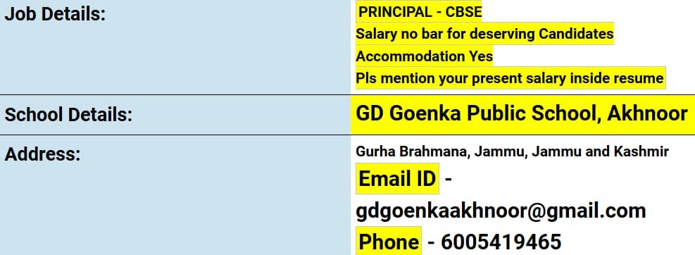 Job opportunity at GD Goenka Public School, Akhnoor (CBSE), Jammu & Kashmir