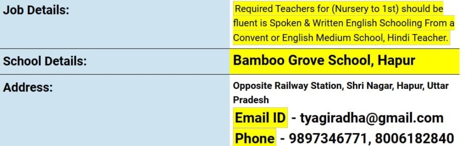 Job opportunity at Bamboo Grove School, Hapur, Uttar Pradesh.