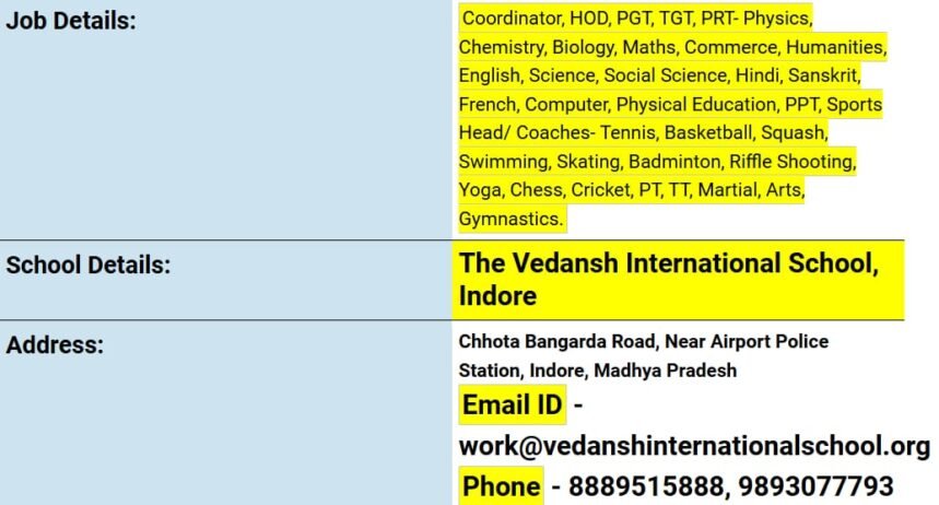 Teaching Opportunities at The Vedansh International School, Indore, Madhya Pradesh