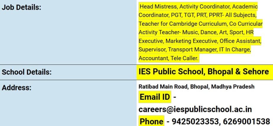 Exciting Career Opportunities at IES Public School, Bhopal & Sehore