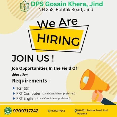 Teachers Required at, DPS Gosain Khera, Jind, Haryana