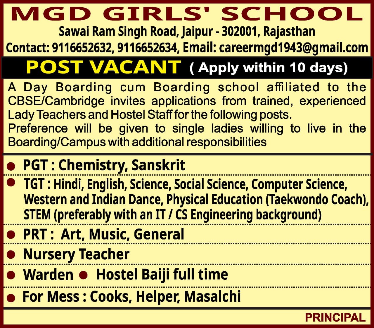 Teacher Recruitment at MGD Girls’ School, Jaipur