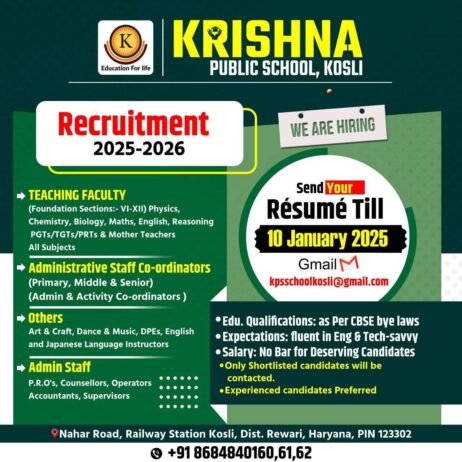 Join Krishna Public School, Kosli, Rewari, Haryana: Teaching Careers for 2025-2026