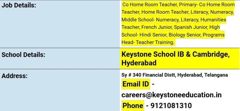 Job Opportunity at Keystone School IB & Cambridge, Hyderabad