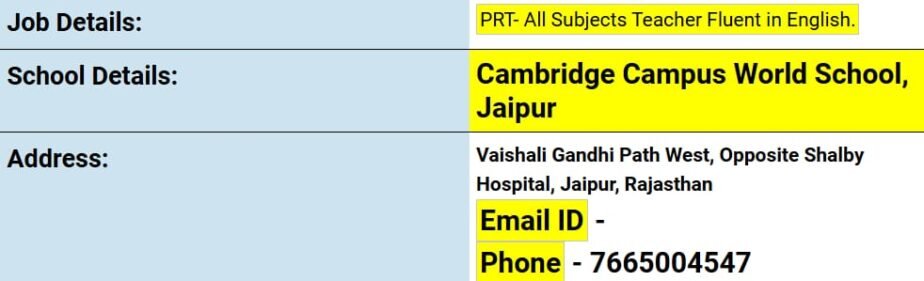 Job Opportunity at Cambridge Campus World School, Jaipur, Rajasthan