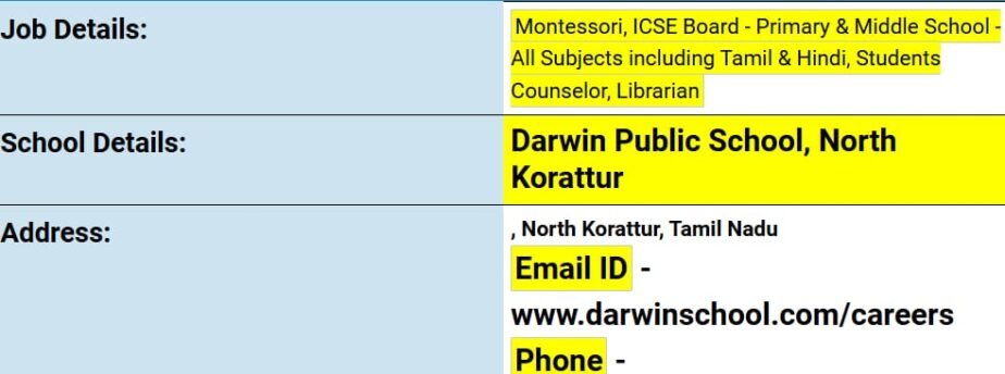 Teaching Opportunities at Darwin Public School, North Korattur, Tamil Nadu