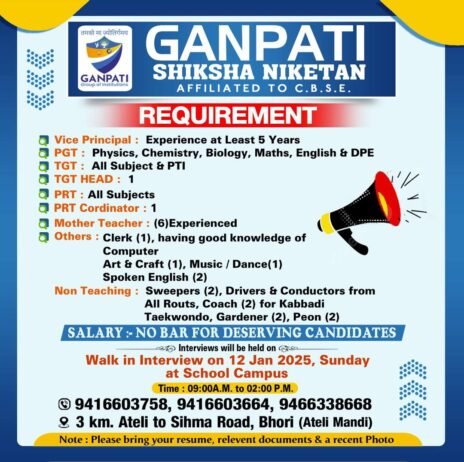 Job opportunity at Ganpati Shiksha Niketan,Mahendragarh,Haryana