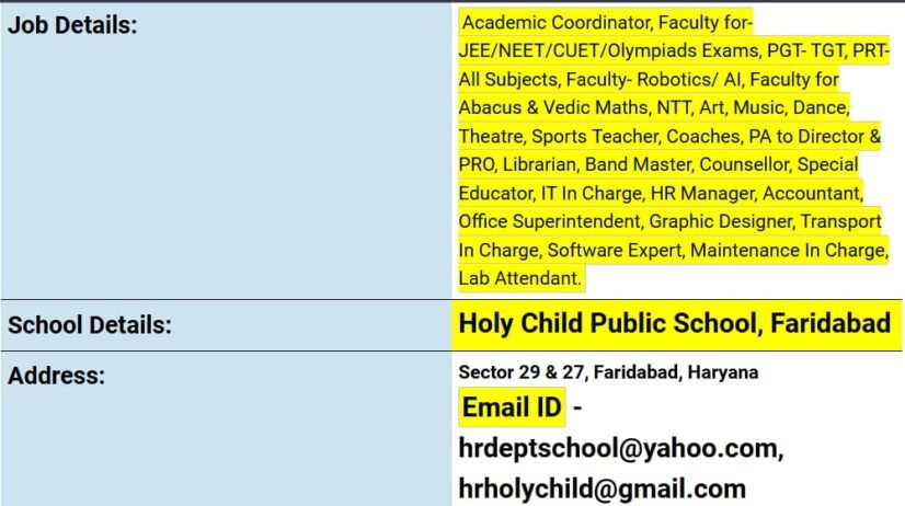 Teacher Recruitment at Holy Child Public School, Faridabad