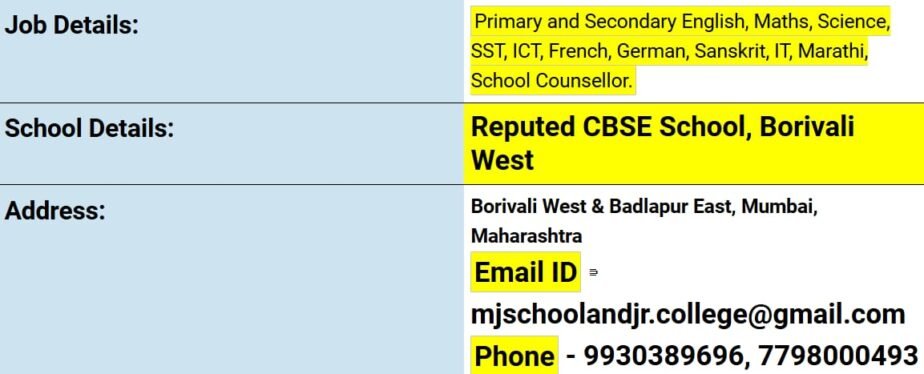 Job Opportunities at Reputed CBSE School in Mumbai, Maharashtra