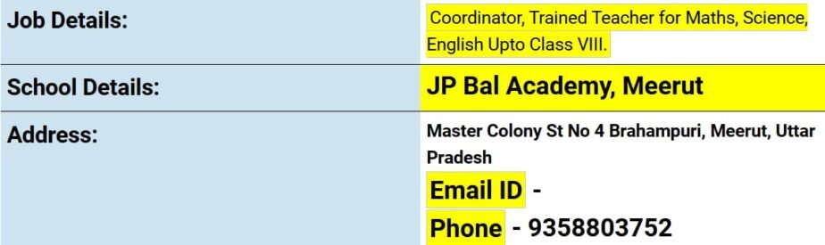 Job Opportunity at JP Bal Academy, Meerut, UP