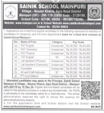 Job for Teachers at Sainik School in Mainpuri (UP)