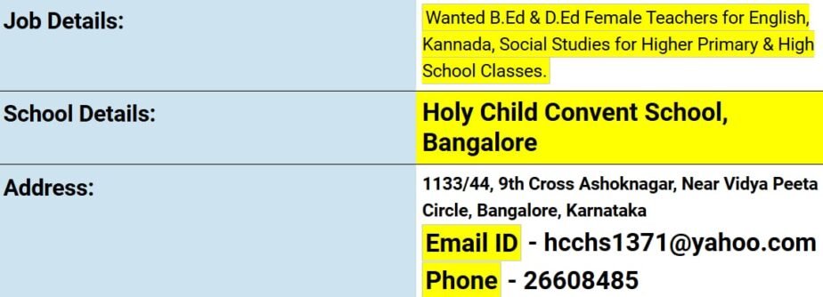 Teacher Job in Holy Child Convent School in Bengaluru, Karnataka