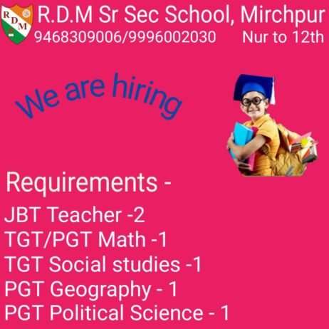 Teachers job in !  R.D.M Sr. Sec. School in Mirchpur, Haryana