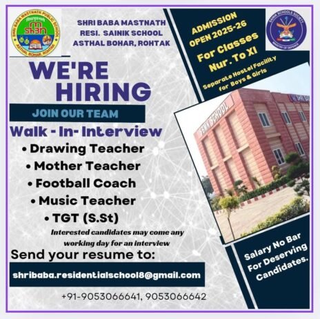 Opening Job for Teachers at Shri Baba Mastnath Residential Sainik School in Rohtak, Haryana