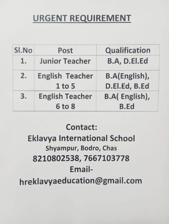 Teachers job in ! Eklavya International School in Chas Bokaro Jharkhand