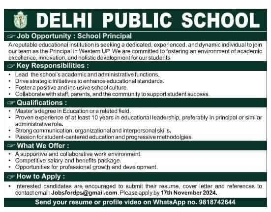 Teacher Job in Delhi Public School in Western Uttar Pradesh (UP)