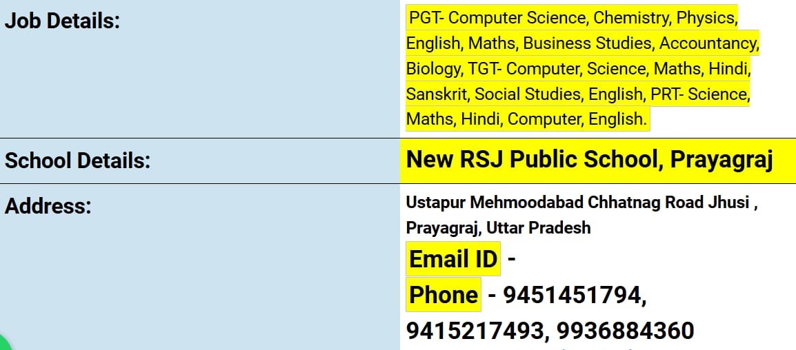 Job opportunity in New RSJ Public School, Prayagraj, Uttar Pradesh