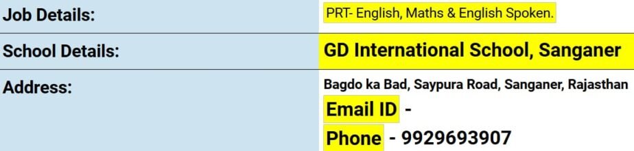 Teacher job opening at GD International School, Sanganer, Rajasthan
