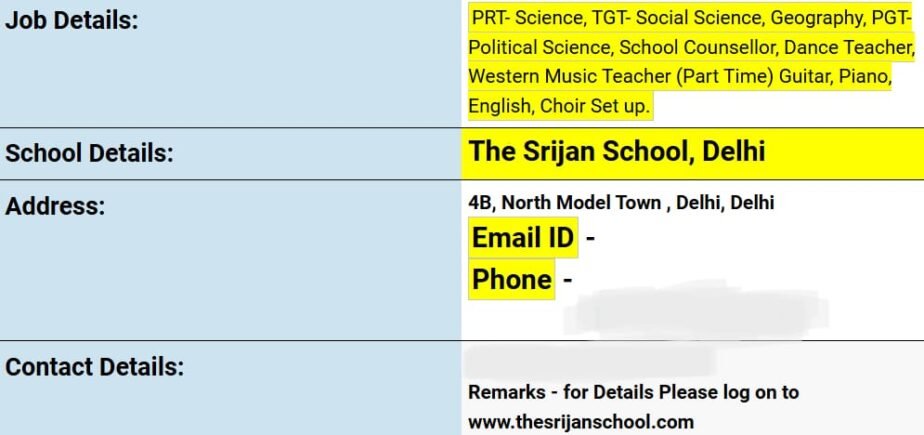 Teaching Opportunities at The Srijan School, Delhi