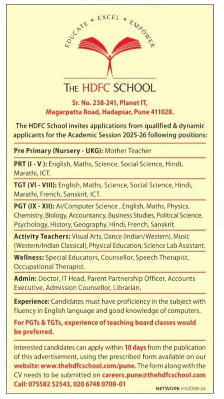 Teaching Opportunities at The HDFC School, Pune, Maharashtra