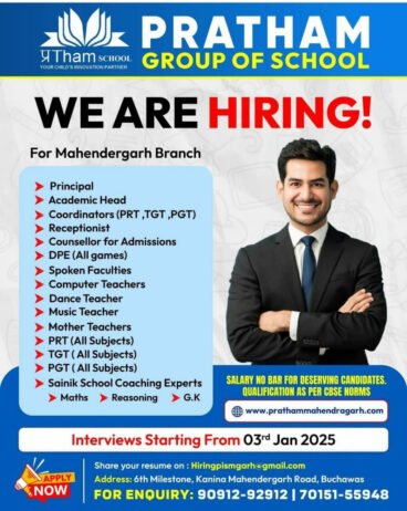 Teacher Recruitment at Pratham Group of Schools, Mahendergarh, Haryana