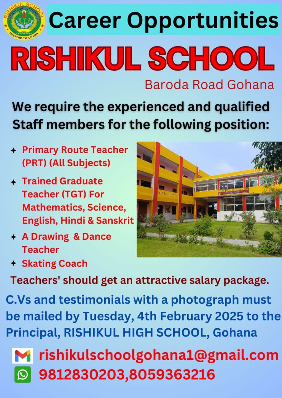 Career Opportunities at Rishikul High School, Sonipat, Haryana