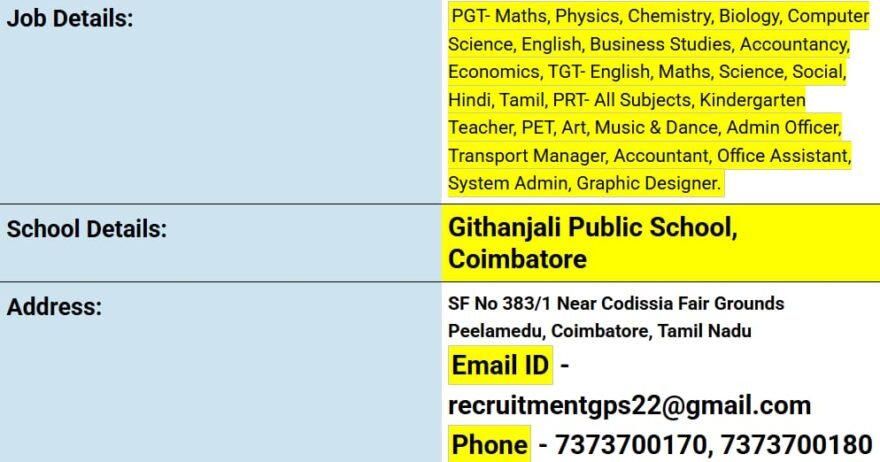 Teacher Recruitment at Githanjali Public School, Coimbatore, Tamil Nadu