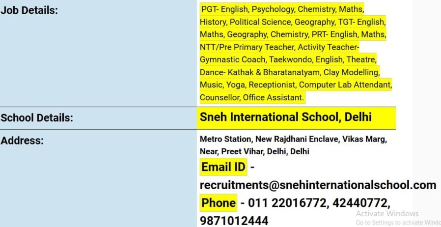 Teacher Vacancies at Sneh International School, Delhi