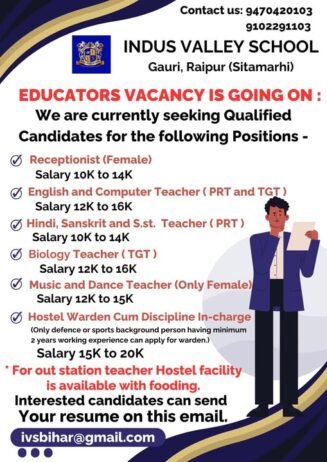 Teacher Vacancies at Indus Valley School, Sitamarhi, Bihar