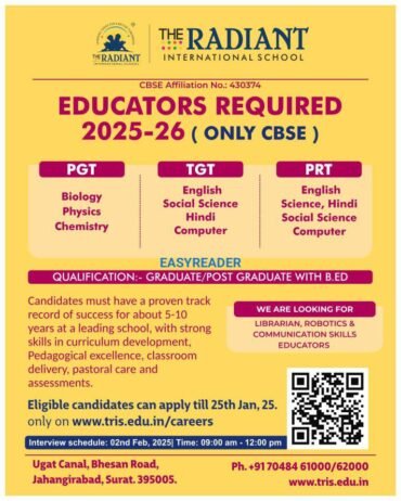 Job Openings at The Radiant International School, Surat, Gujarat