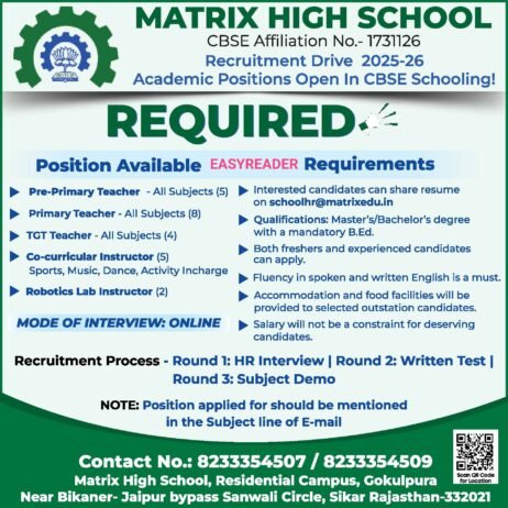 Teacher Vacancies at Matrix High School, Sikar, Rajasthan