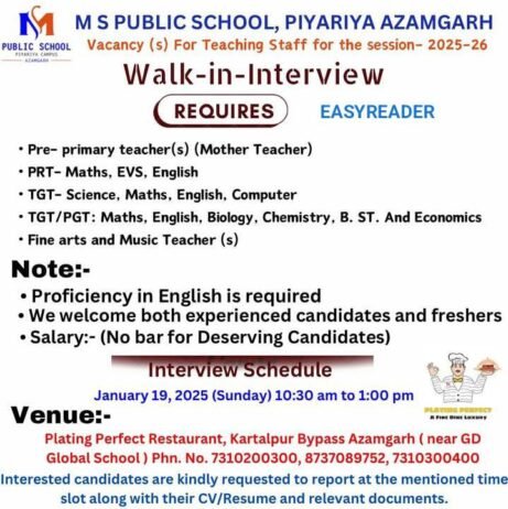Teaching Job Opportunities at M S Public School, Piyariya Azamgarh