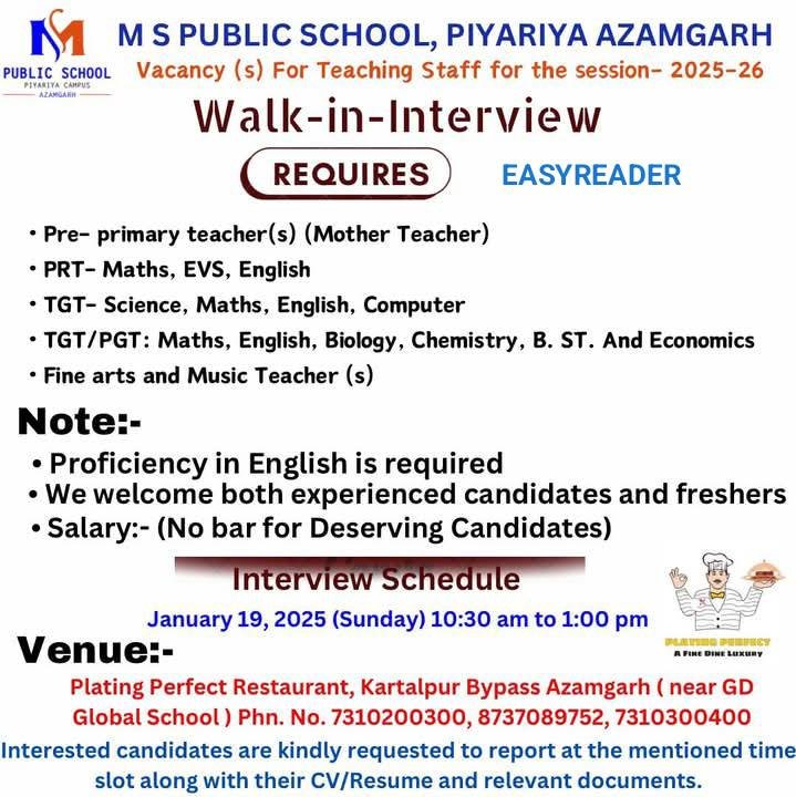 Teaching Job Opportunities at M S Public School, Piyariya Azamgarh