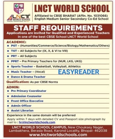 Teachers Job in LNCT World School, Bhopal, MADHYA PRADESH