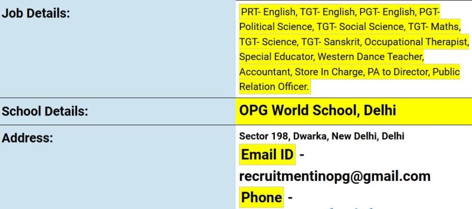 Teacher Vacancies at OPG World School, Dwarka, Delhi