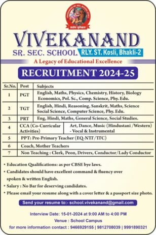 Teacher Recruitment at Vivekanand Sr. Sec. School, Rewari, Haryana