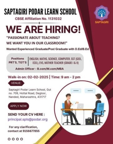 Teacher Recruitment at Saptagiri Podar Learn School, Nanded, Maharashtra