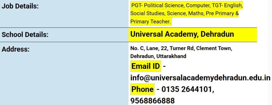 Teaching Opportunities at Universal Academy, Dehradun, Uttarakhand