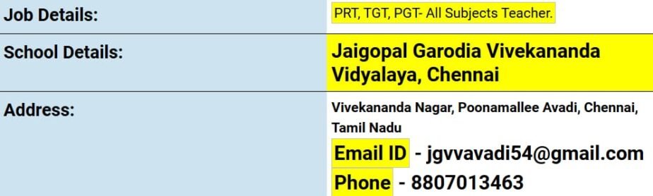 Teaching Opportunities at Jaigopal Garodia Vivekananda Vidyalaya, Chennai, Tamil Nadu