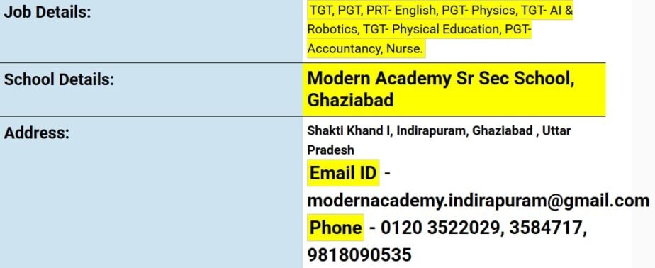 Career Opportunities at Modern Academy Senior Secondary School, Ghaziabad, UP