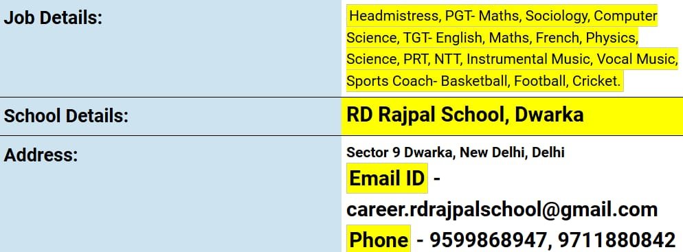Teaching Opportunities at RD Rajpal School, Dwarka, Delhi